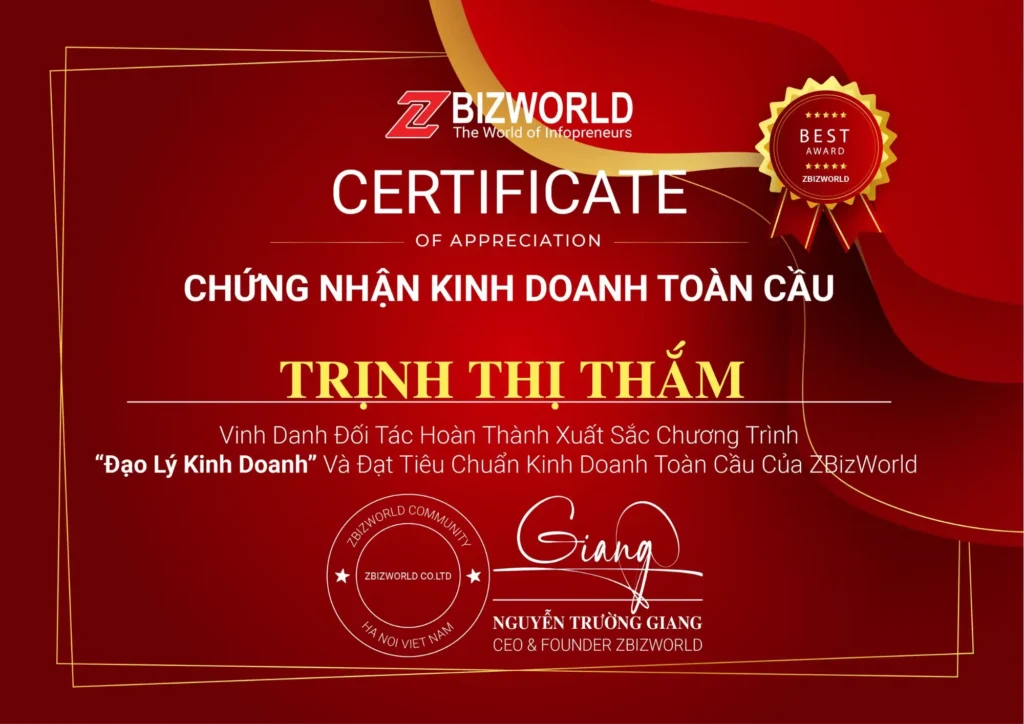 Chứng Nhận Đạo Lý Kinh Doanh của Trịnh Thị Thắm
