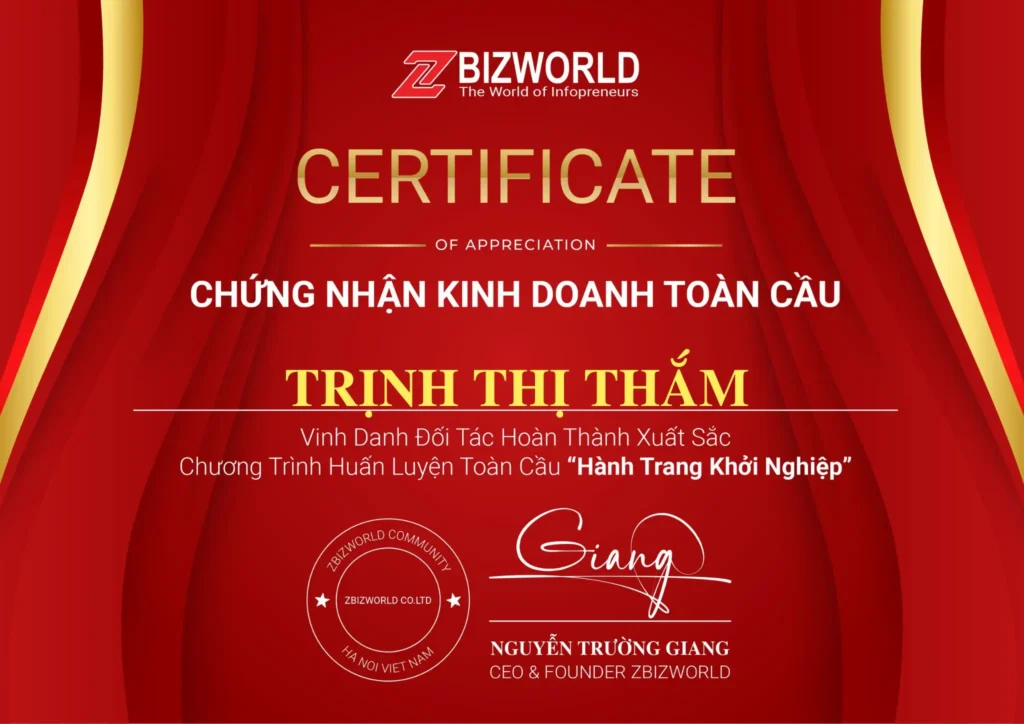 Chứng Nhận Hành Trang Khởi Nghiệp của Trịnh Thị Thắm